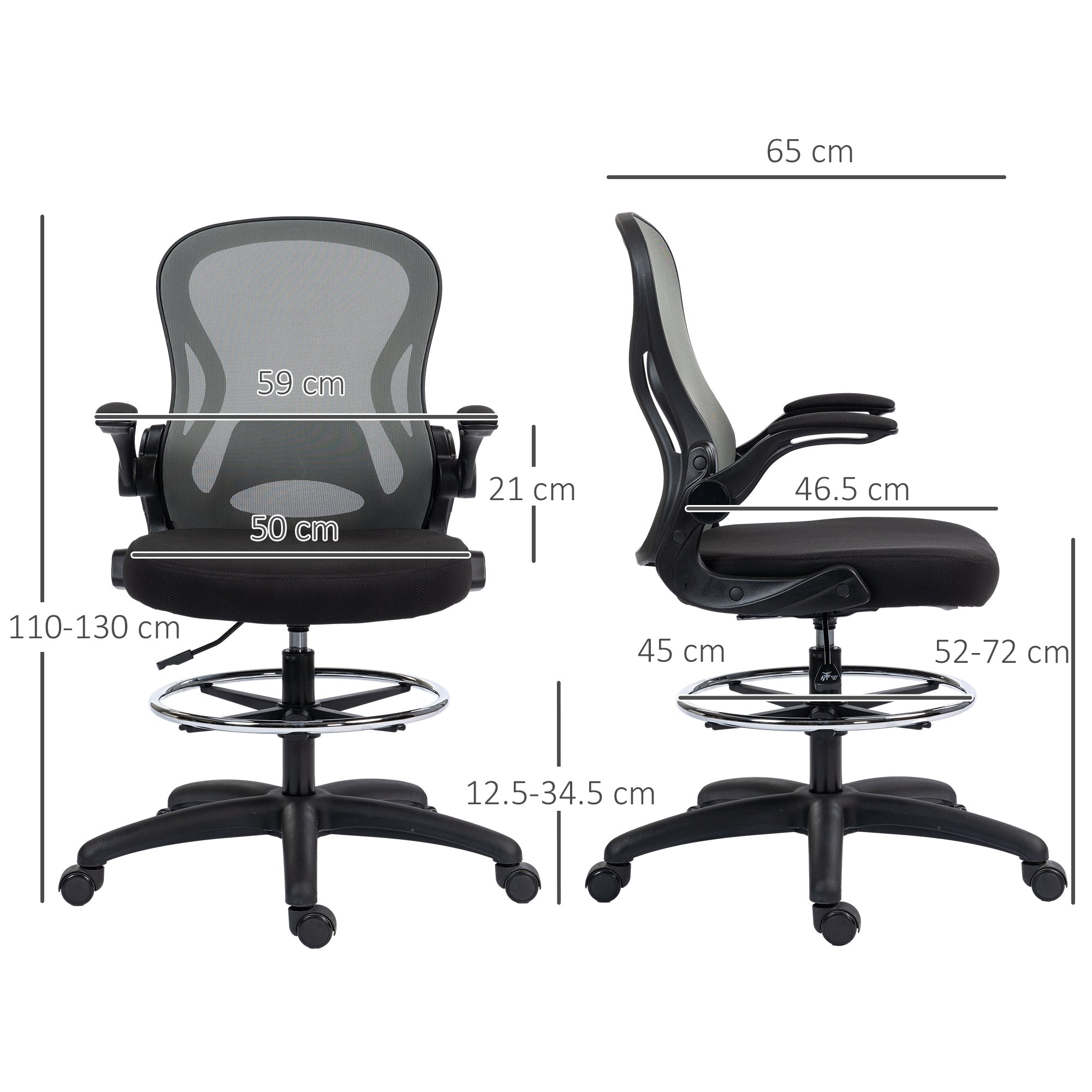 Adjustable Mesh Standing Desk Chair with Flip-up Armrests Lumbar Support Armrests Adjustable Footrest Ring, Dark Grey-2