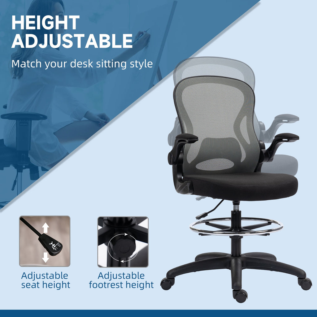 Adjustable Mesh Standing Desk Chair with Flip-up Armrests Lumbar Support Armrests Adjustable Footrest Ring, Dark Grey-3