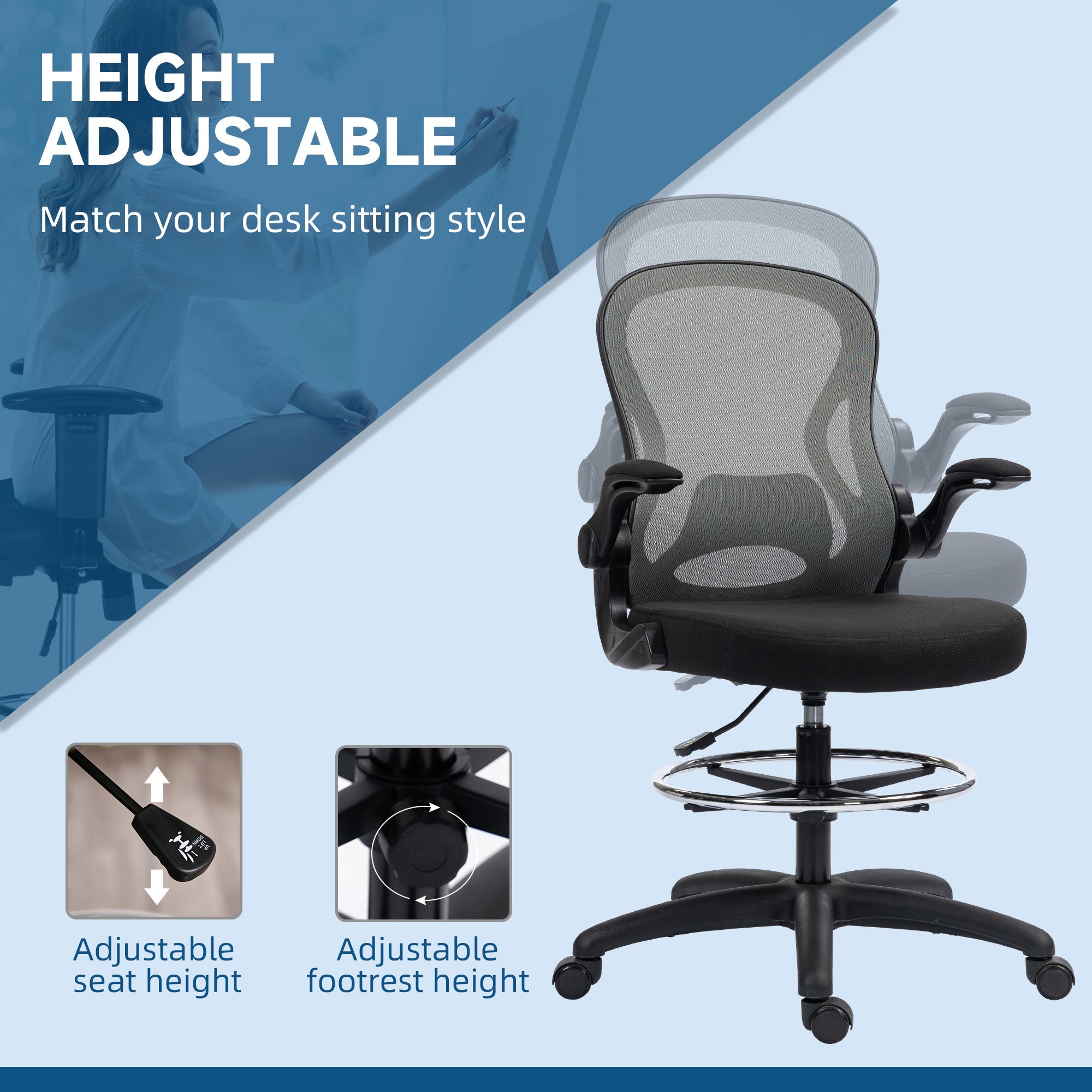 Adjustable Mesh Standing Desk Chair with Flip-up Armrests Lumbar Support Armrests Adjustable Footrest Ring, Dark Grey-3