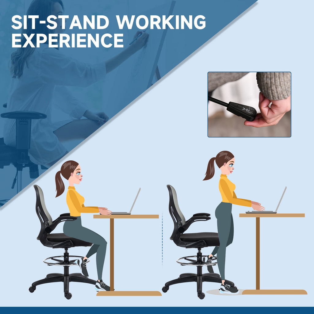 Adjustable Mesh Standing Desk Chair with Flip-up Armrests Lumbar Support Armrests Adjustable Footrest Ring, Dark Grey-4