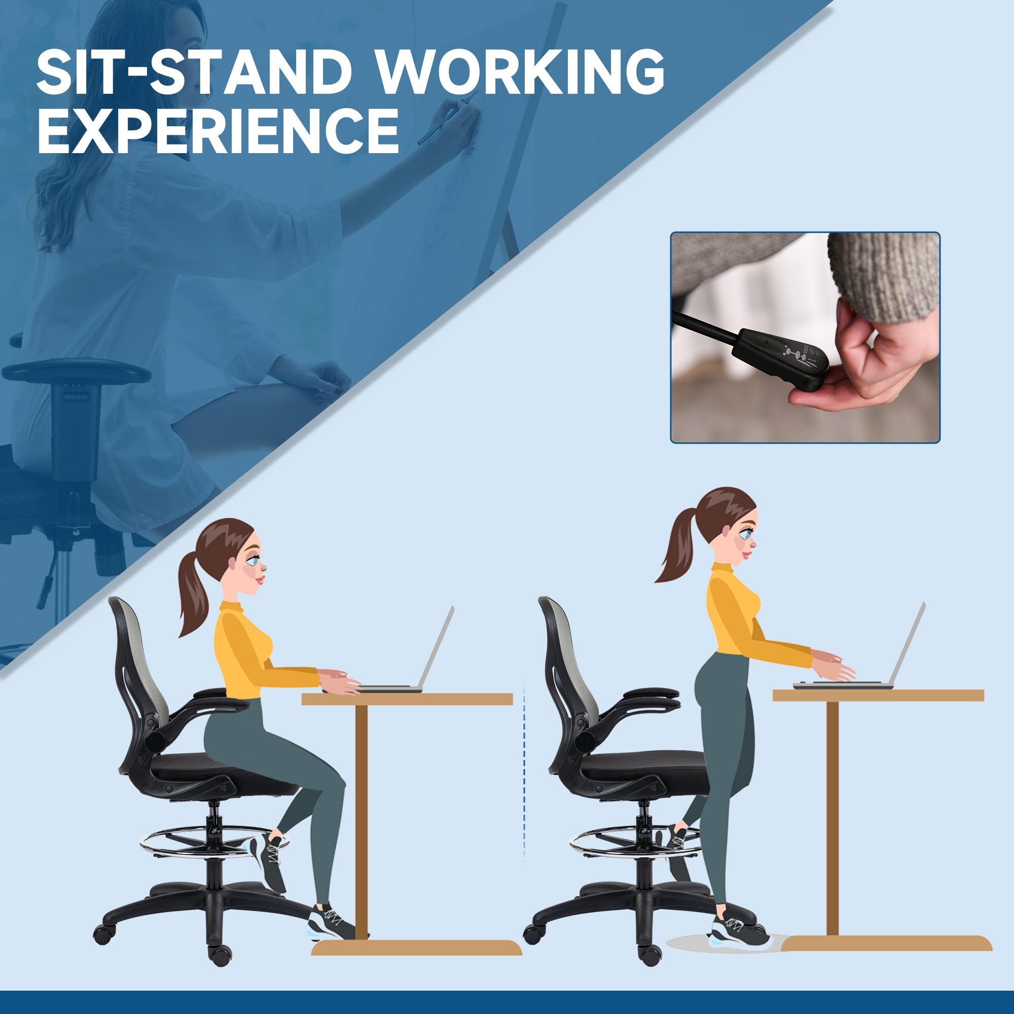 Adjustable Mesh Standing Desk Chair with Flip-up Armrests Lumbar Support Armrests Adjustable Footrest Ring, Dark Grey-4