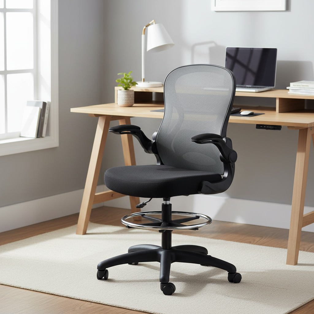 Adjustable Mesh Standing Desk Chair with Flip-up Armrests Lumbar Support Armrests Adjustable Footrest Ring, Dark Grey