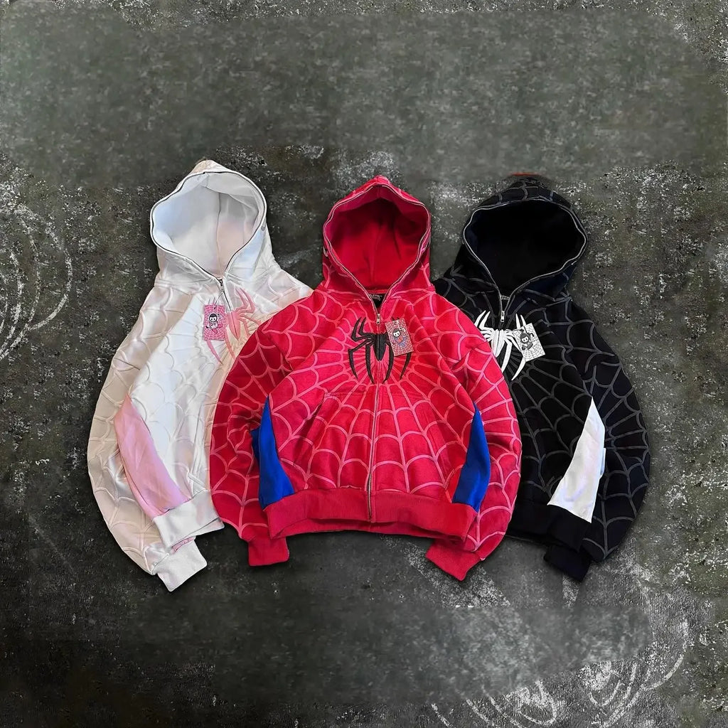 Y2K Gothic Spider Print Zip-Up Hoodie