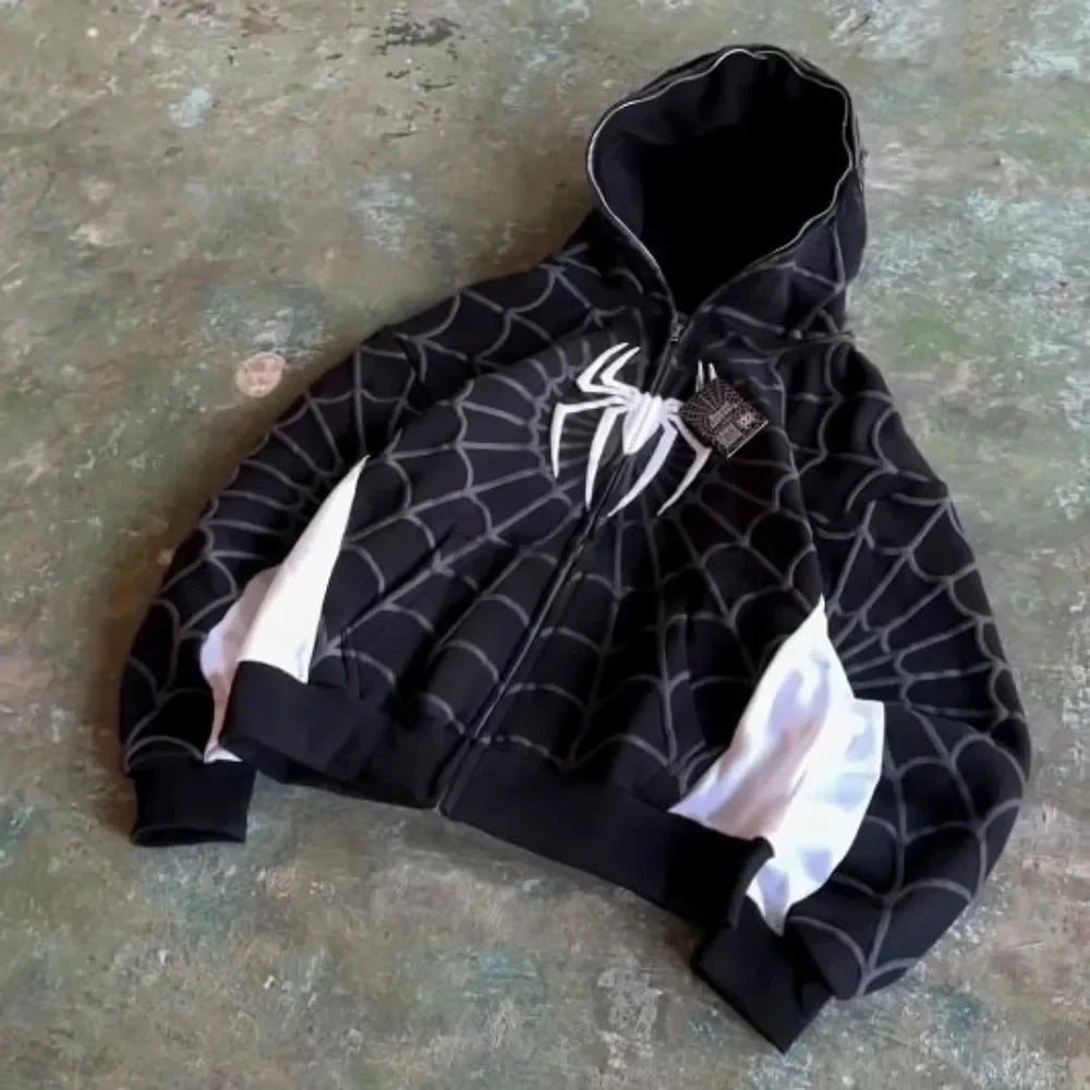 Y2K Gothic Spider Print Zip-Up Hoodie