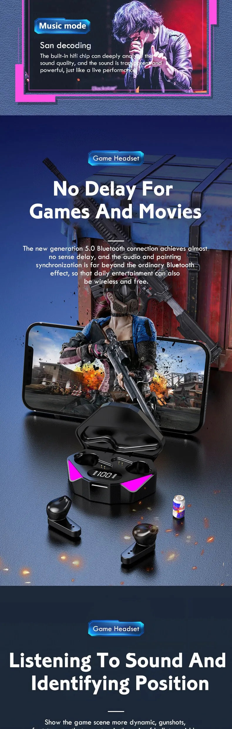 TWS LED Gaming Bluetooth Stereo Earbuds with Mic