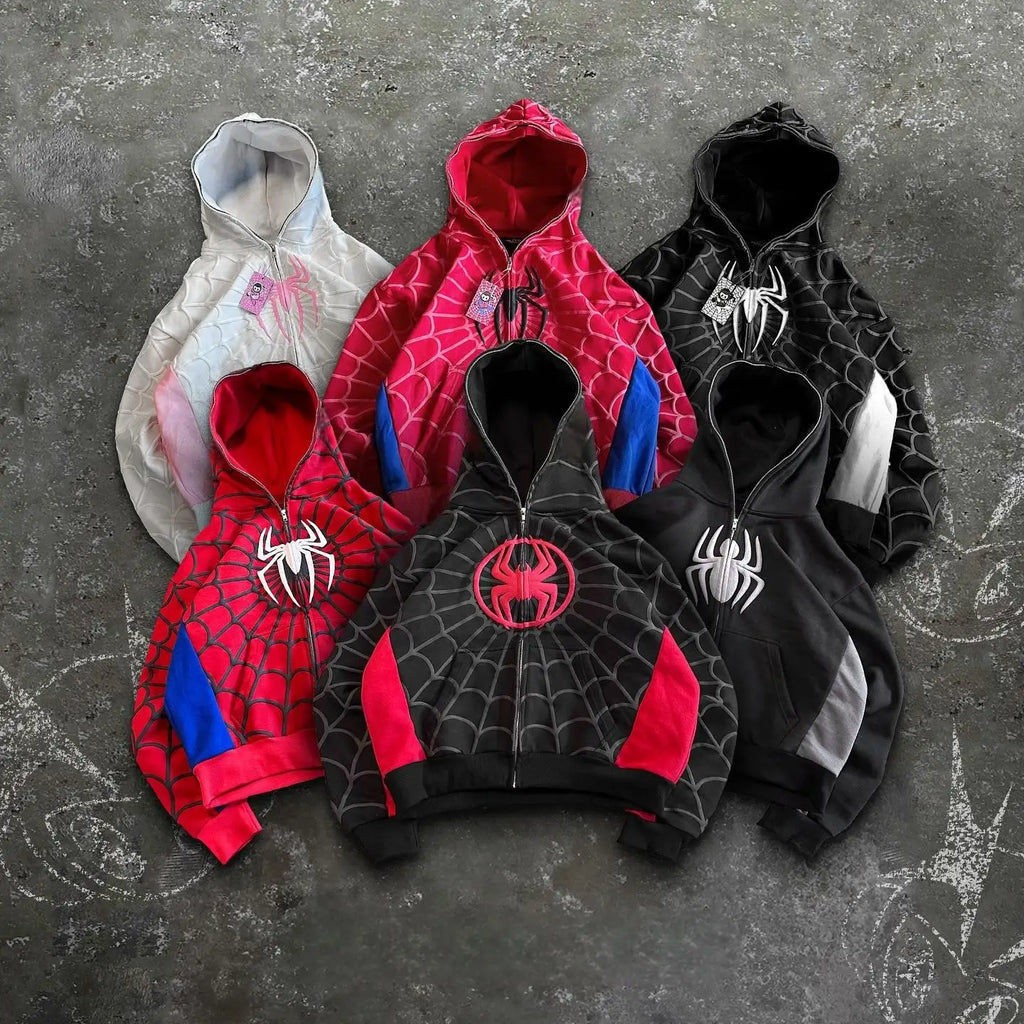 Y2K Gothic Spider Print Zip-Up Hoodie