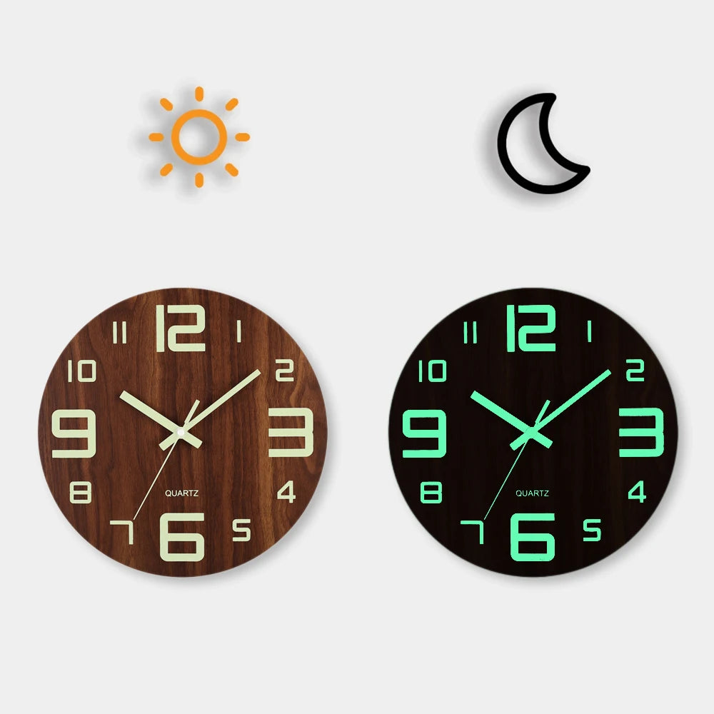 12 Inch Luminous Wooden Silent Night Light Clock