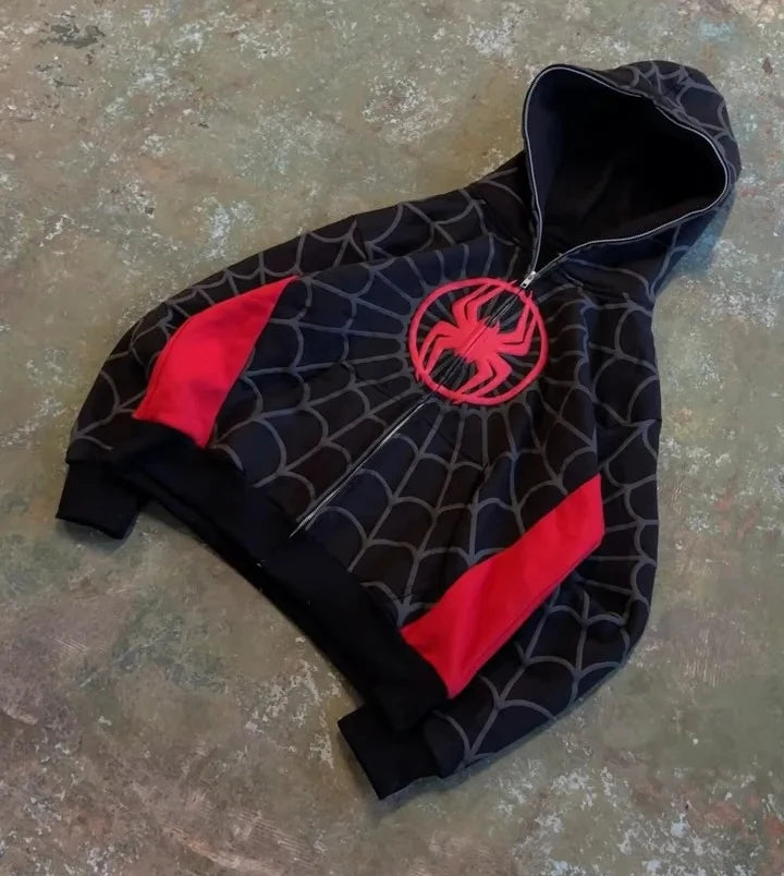 Y2K Gothic Spider Print Zip-Up Hoodie