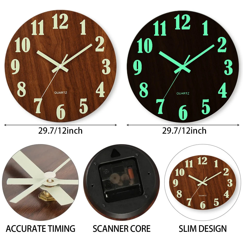 12 Inch Luminous Wooden Silent Night Light Clock
