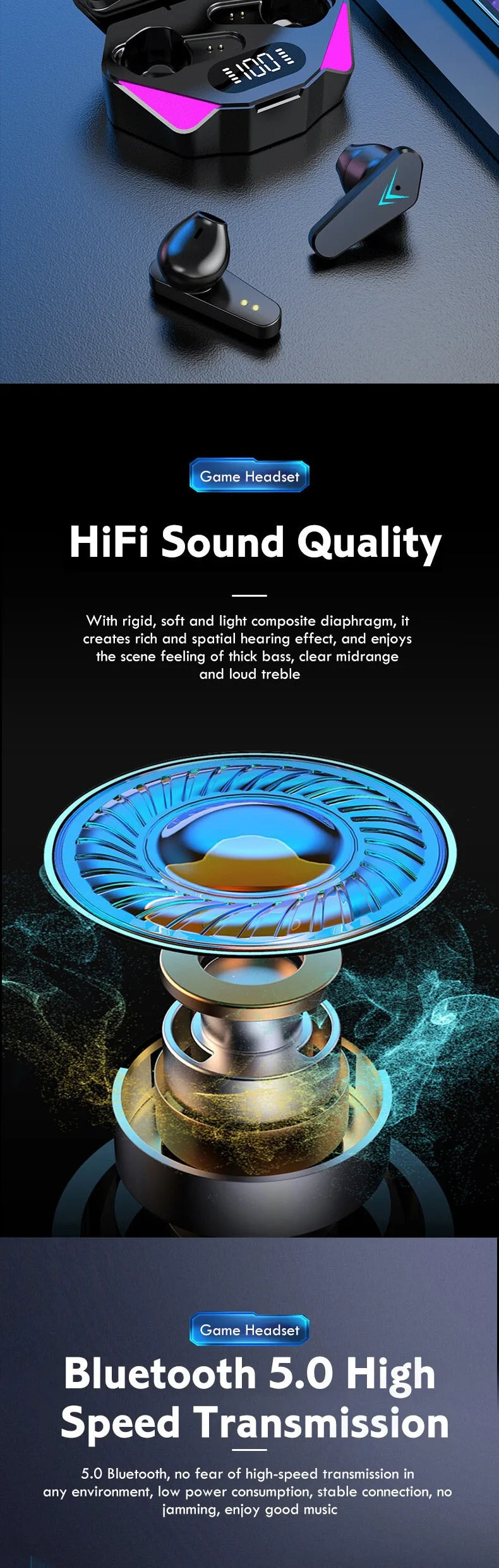 TWS LED Gaming Bluetooth Stereo Earbuds with Mic