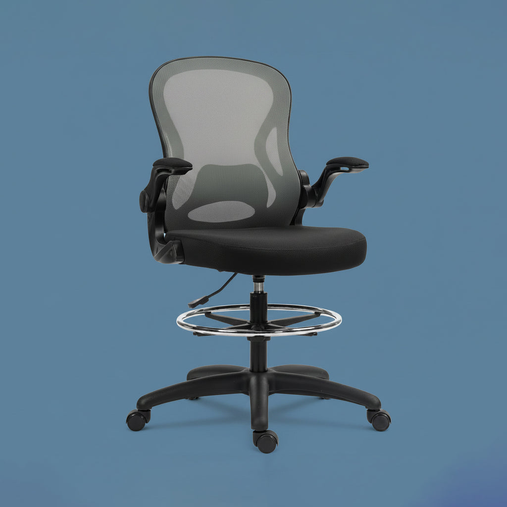 Adjustable Mesh Standing Desk Chair with Flip-up Armrests Lumbar Support Armrests Adjustable Footrest Ring, Dark Grey